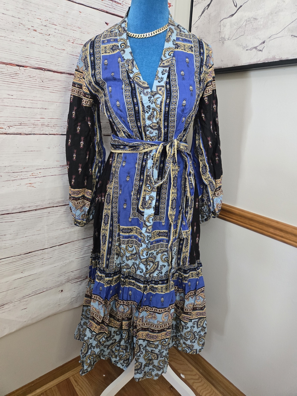 Kobi Halperin Paisley Tie Waist Tiered Midi Dress Blue Small